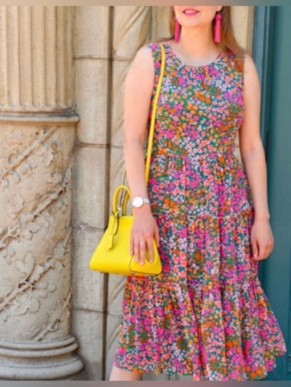 Brand New J. Crew Pink & Green Floral Tiered Midi Dress - Size XS